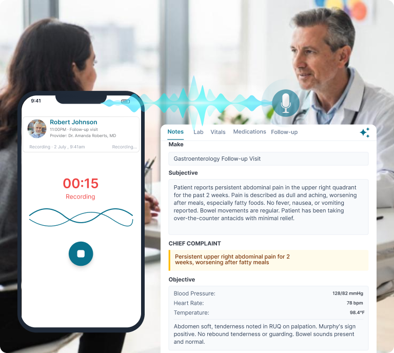 Automated AI medical scribing interface - real-time clinical note generation in custom EHR