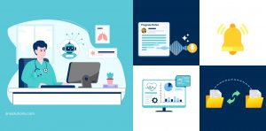 Clinician using modern EHR with AI documentation and clinical decision support.