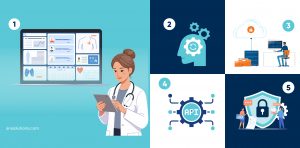 Modern EHR software architecture illustrating workflows, APIs, security, and scalability layers.