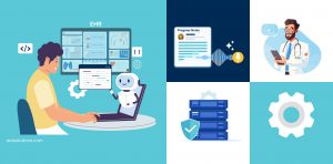 An AI-powered EHR system with a robot assistant assisting patients and a clinician using a digital dashboard.