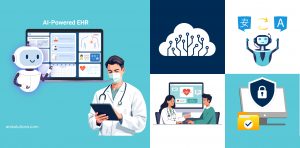 AI-powered EHR system with clinician, robot assistant, and secure healthcare interface.