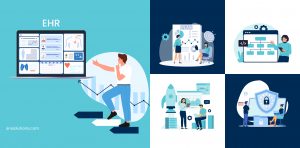 Illustration showing a healthcare professional moving step by step toward a modern EHR system, representing the structured process of building an EHR with planning, development, security, and scalability.