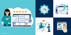 A clinician reviewing a custom EHR dashboard alongside icons representing workflow fit, performance, scalability, analytics, and usability, highlighting why providers prefer custom EHR over off-the-shelf software.