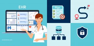 Clinician reviewing EHR planning elements, including workflows, security, and system requirements.