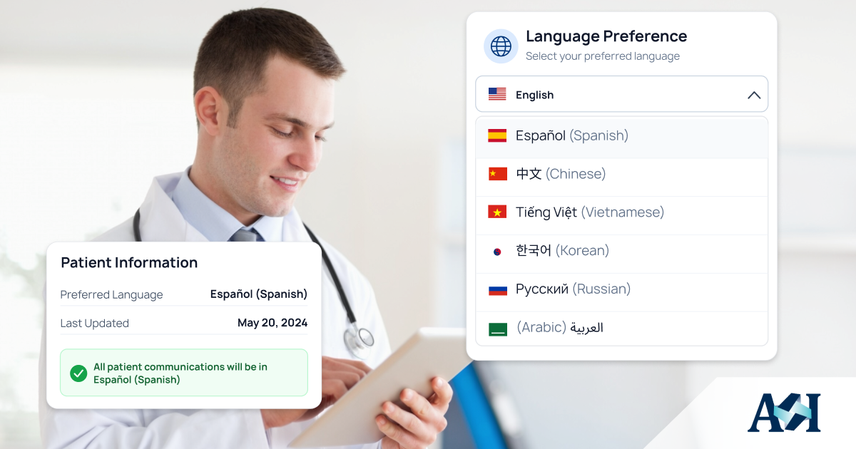 Healthcare provider using a multi-language custom EHR with patient language preferences and localized communication options.