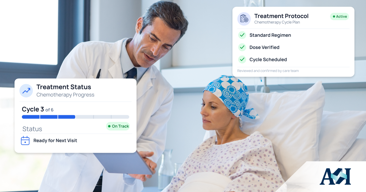 Oncologist reviewing a structured treatment protocol and chemotherapy cycle status within a custom oncology EHR.