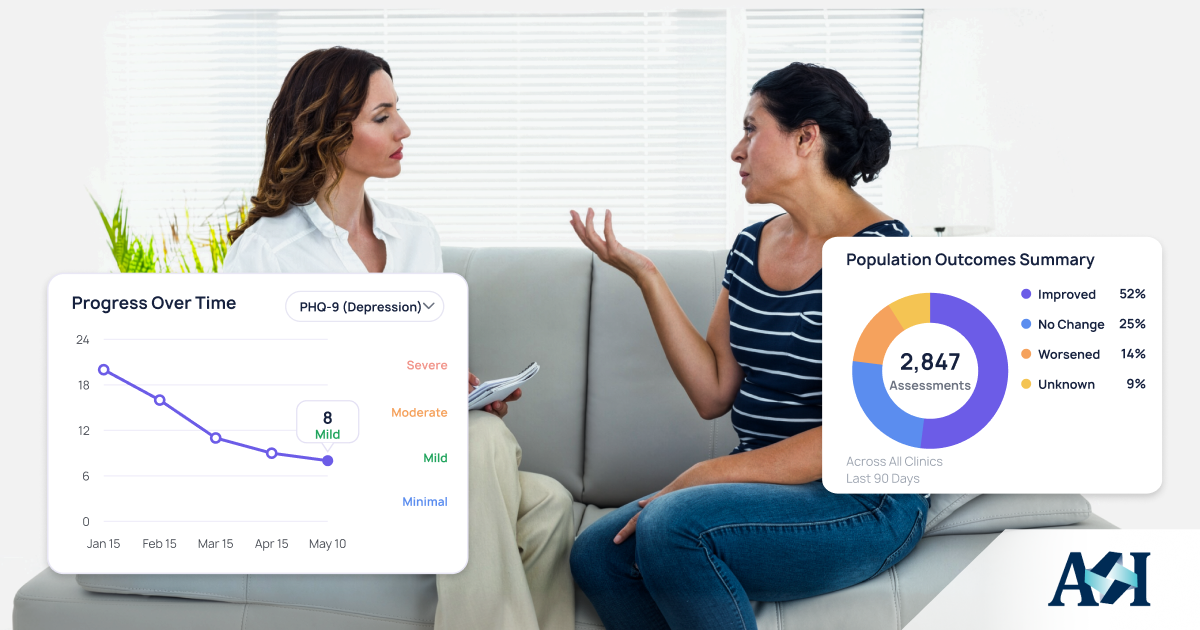 Mental health provider reviewing patient outcome scores and progress trends within a custom EHR.