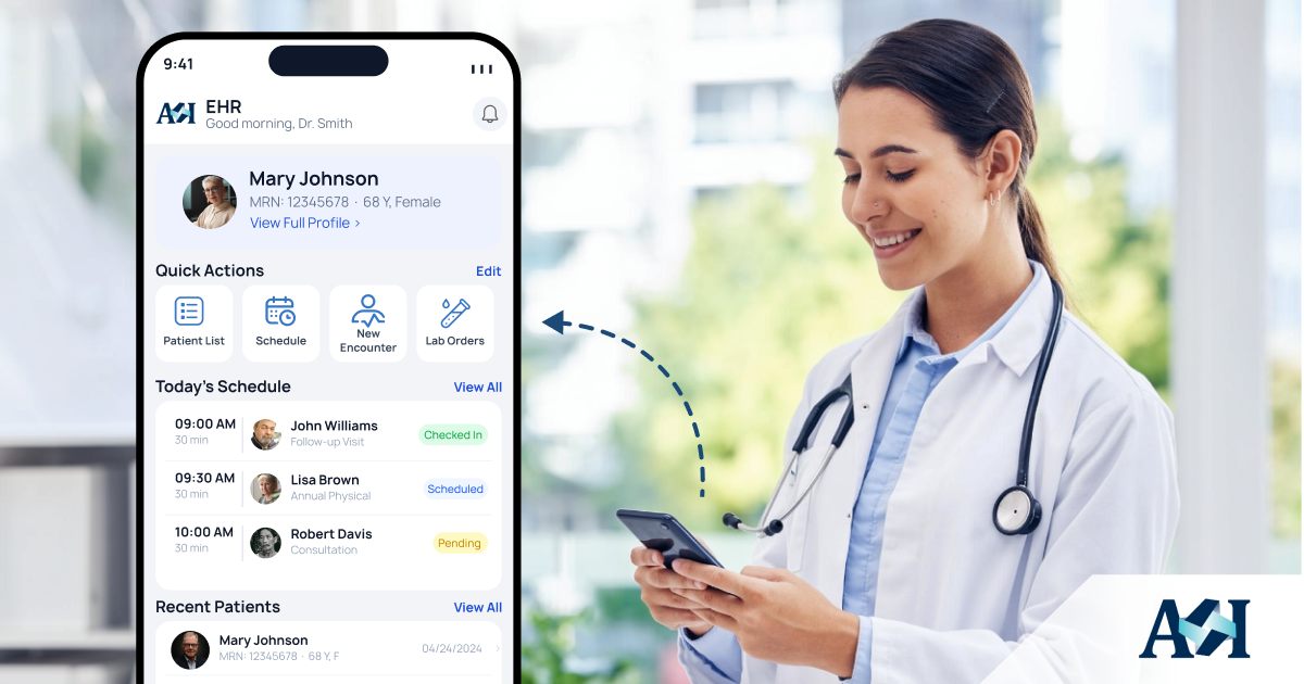 Healthcare provider using a mobile EHR application on a tablet to access patient records and document care at the point of care