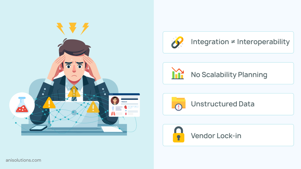 Common EHR integration mistakes, including vendor lock-in, scalability issues, and unstructured data challenges.