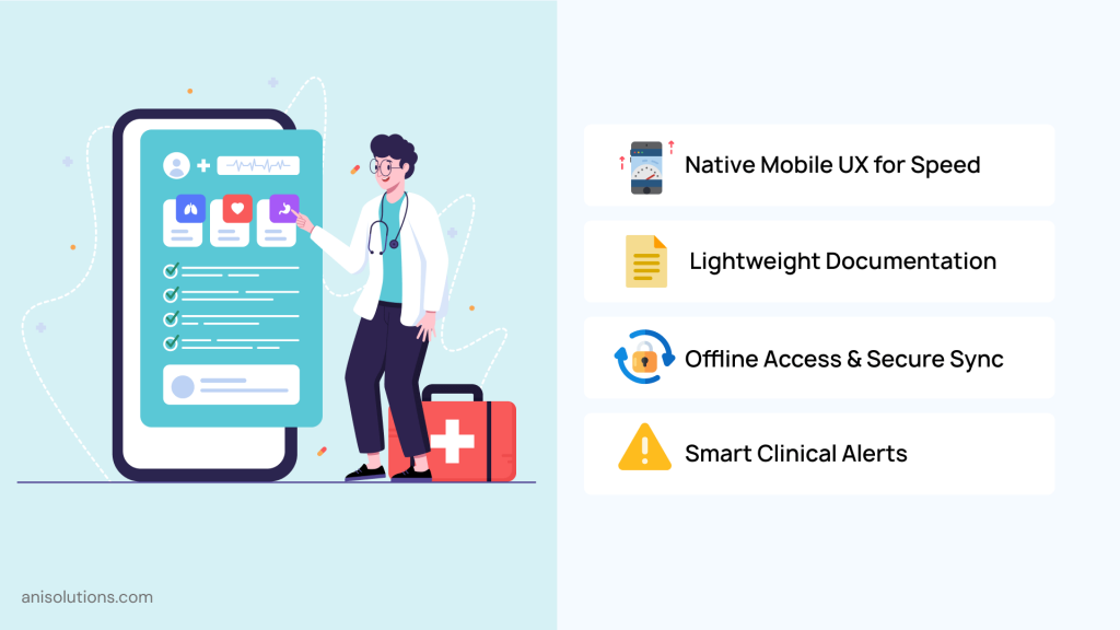 High-performing EHR mobile app with native UX, offline access, smart alerts