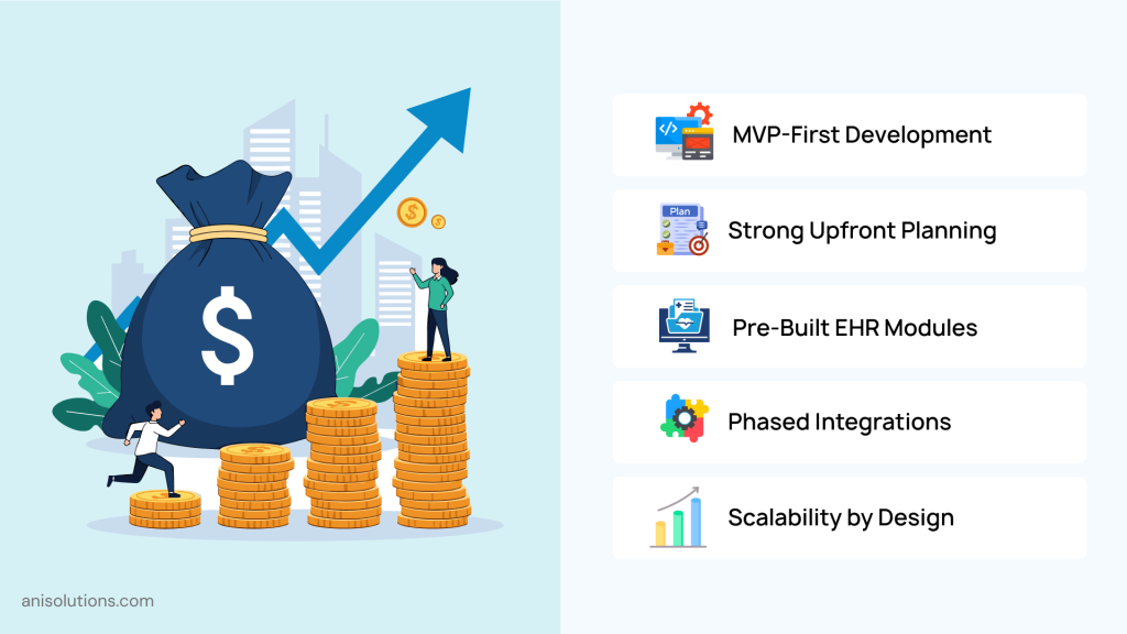 Cost-saving strategies for EHR development including MVP approach and phased integrations.