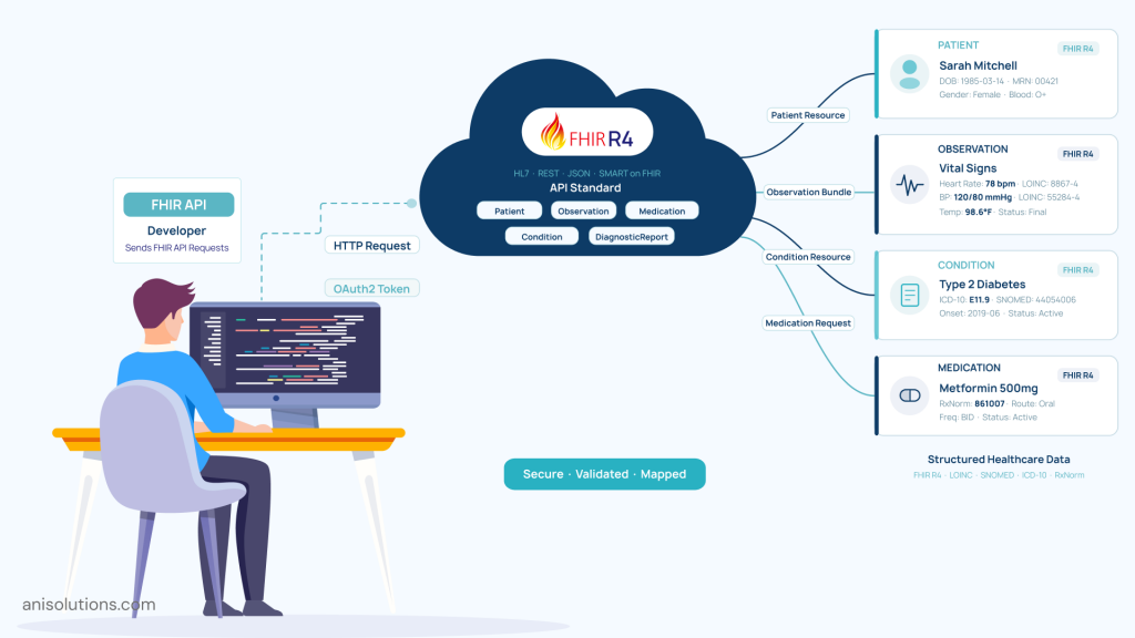 FHIR R4 API workflow showing developer accessing patient data using standardized healthcare resources.
