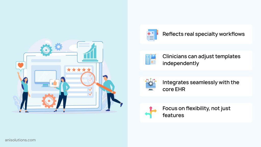 Framework evaluating specialty EHR modules for flexibility, integration, and workflow alignment.