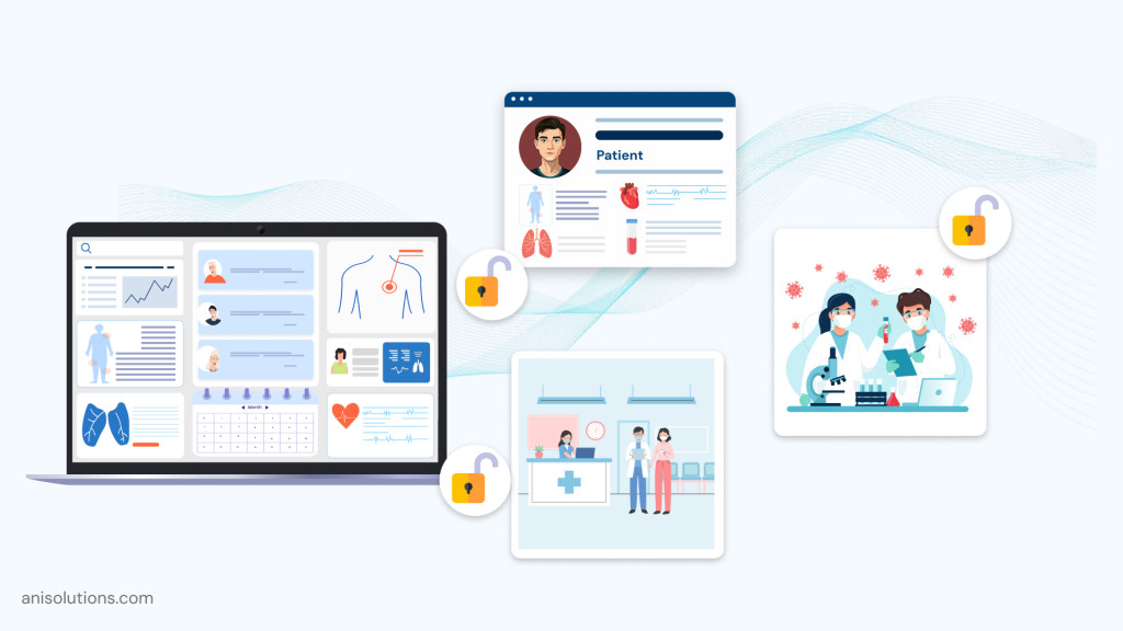Healthcare data exchange illustration showing patient records, security, and interoperable system access.
