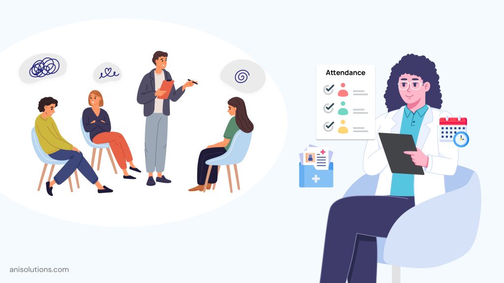 Behavioral health EHR software supporting group therapy workflows with therapist-led sessions, attendance tracking, care coordination, and patient documentation management.