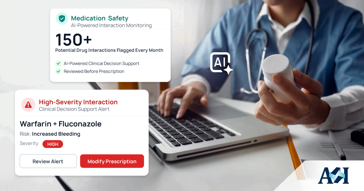 Physician reviewing AI-assisted drug interaction alerts within a custom EHR during the prescribing workflow.