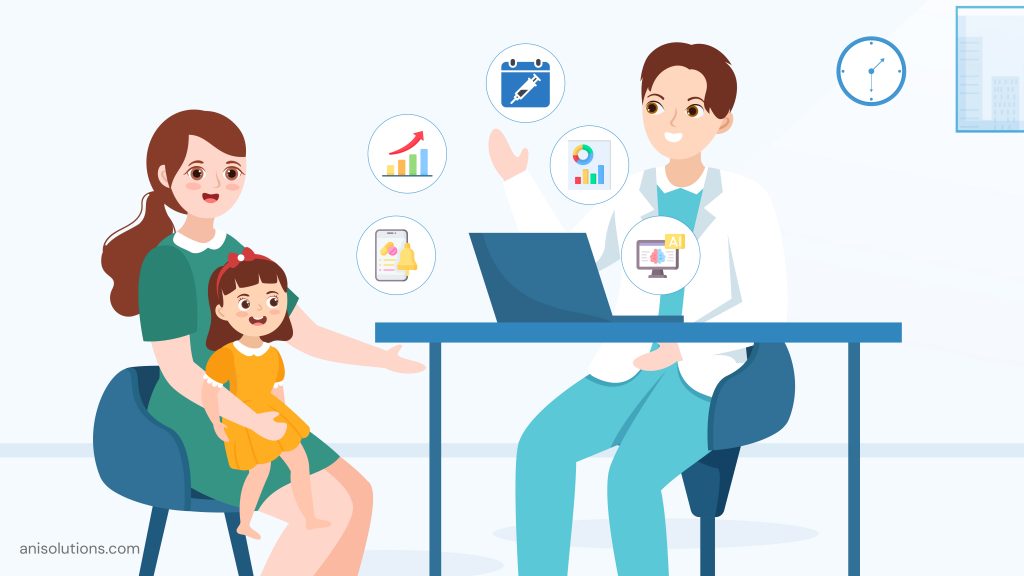 Pediatric EHR supporting growth tracking, immunizations, developmental screening, and caregiver engagement.