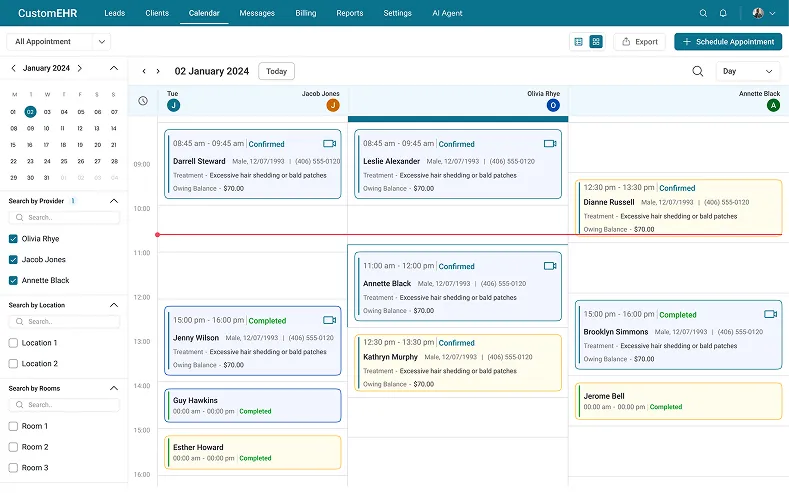 Custom EHR dashboard preview — scheduling screen