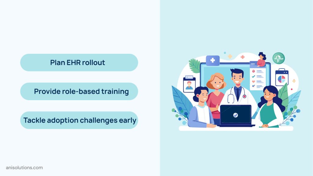 Illustration of a healthcare team using an EHR system together, representing structured rollout, role-based training, and early user adoption during EHR deployment.